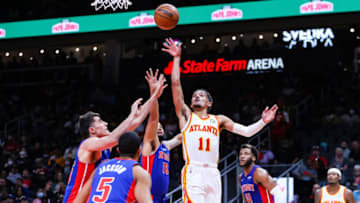 Oct 25, 2021; Atlanta, Georgia, USA; Atlanta Hawks guard Trae Young (11) shoots during the third quarter against the Detroit Pistons at State Farm Arena. Mandatory Credit: Jacob Gonzalez-USA TODAY Sports