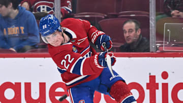 MONTREAL, CANADA - OCTOBER 17: Cole Caufield #22 of the Montreal Canadiens takes a shot during warmups prior to the game against the Minnesota Wild at the Bell Centre on October 17, 2023 in Montreal, Quebec, Canada. The Minnesota Wild defeated the Montreal Canadiens 5-2. (Photo by Minas Panagiotakis/Getty Images)