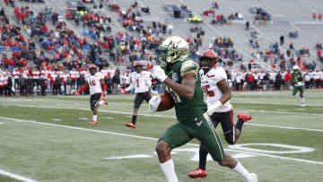 BIRMINGHAM, AL - DECEMBER 23: Marquez Valdes-Scantling #11 of the South Florida Bulls runs toward the end zone with a 64-yard touchdown reception against the Texas Tech Red Raiders in the second half of the Birmingham Bowl at Legion Field on December 23, 2017 in Birmingham, Alabama. South Florida won 38-34. (Photo by Joe Robbins/Getty Images)