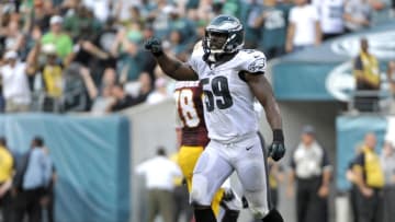 Sep 21, 2014; Philadelphia, PA, USA; Philadelphia Eagles inside linebacker DeMeco Ryans (59) celebrates a defensive stop on third down against the Washington Redskins at Lincoln Financial Field. The Eagles defeated the Redskins, 37-34. Mandatory Credit: Eric Hartline-USA TODAY Sports