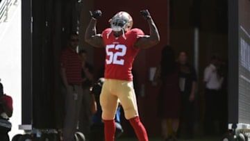 October 5, 2014; Santa Clara, CA, USA; San Francisco 49ers inside linebacker Patrick Willis (52) during player introductions before the game against the Kansas City Chiefs at Levi