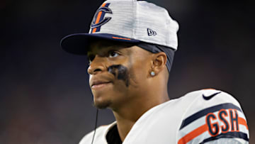 NASHVILLE, TN - AUGUST 28: Justin Fields #1 of the Chicago Bears on the sidelines during a NFL Preseason game against the Tennessee Titans at Nissan Stadium on August 28, 2021 in Nashville, Tennessee. The Bears defeated the Titans 27-24. (Photo by Wesley Hitt/Getty Images)