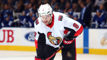 TORONTO, ON - OCTOBER 02: Bobby Ryan #9 of the Ottawa Senators prepares for a face off during an NHL game against the Toronto Maple Leafs at Scotiabank Arena on October 2, 2019 in Toronto, Canada. (Photo by Vaughn Ridley/Getty Images)