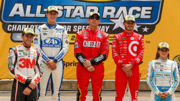 May 21, 2016; Concord, NC, USA; Qualifying for the All Star Race are Sprint Cup Series driver Chase Elliott (24), Trevor Bayne (6), Kyle Larson (42), Greg Biffle (16) and Danica Patrick (10 during the Sprint Showdown at Charlotte Motor Speedway. Mandatory Credit: Jim Dedmon-USA TODAY Sports