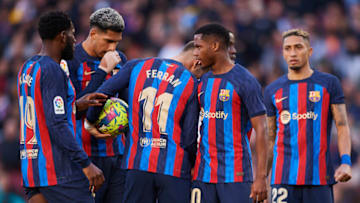 BARCELONA, SPAIN - MARCH 05: Ansu Fati of FC Barcelona talks with Ferran Torres of FC Barcelona during the LaLiga Santander match between FC Barcelona and Valencia CF at Spotify Camp Nou on March 05, 2023 in Barcelona, Spain. (Photo by Silvestre Szpylma/Quality Sport Images/Getty Images)