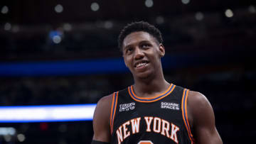 NEW YORK, NEW YORK - MARCH 22: RJ Barrett #9 of the New York Knicks reacts during game against the Atlanta Hawks at Madison Square Garden on March 22, 2022 in New York City. NOTE TO USER: User expressly acknowledges and agrees that, by downloading and or using this photograph, User is consenting to the terms and conditions of the Getty Images License Agreement. (Photo by Michelle Farsi/Getty Images)