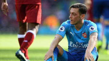 LIVERPOOL, ENGLAND - AUGUST 27: Mesut Ozil of Arsenal reacts during the Premier League match between Liverpool and Arsenal at Anfield on August 27, 2017 in Liverpool, England. (Photo by Michael Regan/Getty Images)