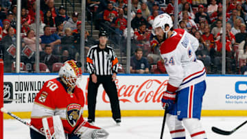 SUNRISE, FL - MARCH 7: Phillip Danault #24 of the Montreal Canadiens watches as the puck goes over Goaltender Chris Driedger #60 of the Florida Panthers at the BB&T Center on March 7, 2020 in Sunrise, Florida. The Panthers defeated the Canadiens 4-1. (Photo by Joel Auerbach/Getty Images)