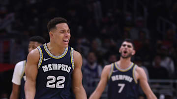 LOS ANGELES, CALIFORNIA - JANUARY 08: Desmond Bane #22 and Santi Aldama #7 of the Memphis Grizzlies react to a Grizzlies foul during a 123-108 win over the LA Clippers at Staples Center on January 08, 2022 in Los Angeles, California. NOTE TO USER: User expressly acknowledges and agrees that, by downloading and/or using this Photograph, user is consenting to the terms and conditions of the Getty Images License Agreement. Mandatory Copyright Notice: Copyright 2022 NBAE (Photo by Harry How/Getty Images)