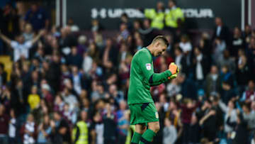 BIRMINGHAM, ENGLAND - SEPTEMBER 24: Aston Villa Goalkeeper Pierluigi Gollini (1) celebrates after Aston Villa equalise with a goal during the Sky Bet Championship match between Aston Villa and Newcastle United at Villa Park on September 24, 2016 in Birmingham, England. (Photo by Serena Taylor/Newcastle United via Getty Images)