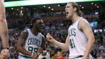 Jan 27, 2016; Boston, MA, USA; Boston Celtics forward Jae Crowder (99) and center Kelly Olynyk (41) react after a basket by Olynyk and being fouled by the Denver Nuggets in the second half at TD Garden. The Celtics defeated Denver 111-103. Mandatory Credit: David Butler II-USA TODAY Sports