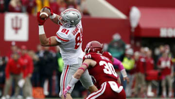 Oct 3, 2015; Bloomington, IN, USA; Ohio State Buckeyes tight end Nick Vannett (81) makes a catch against Indiana Hoosiers safety Cjase Dutra (30) at Memorial Stadium. Mandatory Credit: Brian Spurlock-USA TODAY Sports