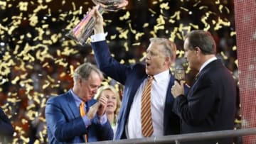 Feb 7, 2016; Santa Clara, CA, USA; Denver Broncos general manager John Elway celebrates with the Vince Lombardi Trophy after beating the Carolina Panthers in Super Bowl 50 at Levi