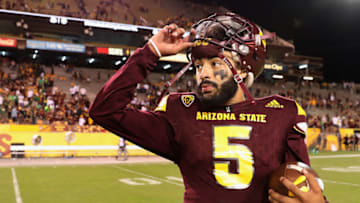 TEMPE, AZ - SEPTEMBER 23: Quarterback Manny Wilkins #5 of the Arizona State Sun Devils stands on the field following the college football game against the Oregon Ducks at Sun Devil Stadium on September 23, 2017 in Tempe, Arizona. The Sun Devils defeated the Ducks 37-35. (Photo by Christian Petersen/Getty Images)