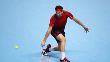LONDON, ENGLAND - NOVEMBER 17: Dominic Thiem of Austria plays a backhand in his Singles match against David Goffin of Belgium during day six of the Nitto ATP World Tour Finals at O2 Arena on November 17, 2017 in London, England. (Photo by Julian Finney/Getty Images)