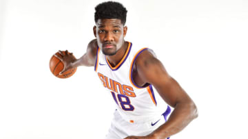 PHOENIX, AZ - JUNE 22: Draft pick DeAndre Ayton poses for a portrait at the Post NBA Draft press conference on June 22, 2018, at Talking Stick Resort Arena in Phoenix, Arizona. NOTE TO USER: User expressly acknowledges and agrees that, by downloading and or using this Photograph, user is consenting to the terms and conditions of the Getty Images License Agreement. Mandatory Copyright Notice: Copyright 2018 NBAE (Photo by Barry Gossage/NBAE via Getty Images)