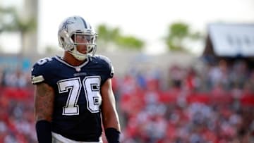 Nov 15, 2015; Tampa, FL, USA; Dallas Cowboys defensive end Greg Hardy (76) looks on against the Tampa Bay Buccaneers during the second half at Raymond James Stadium. Tampa Bay Buccaneers defeated the Dallas Cowboys 10-6. Mandatory Credit: Kim Klement-USA TODAY Sports