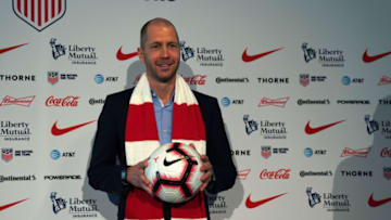 Coach Gregg Berhalter poses for photographers after he is introduced as the new US National Team head coach during a press conference December 4, 2018 at The Glasshouses in New York City. - The two-time FIFA World Cup veteran with 25 years of experience as a player and head coach for clubs in England, Germany, the Netherlands, Sweden and the United States, Berhalter becomes the first US World Cup veteran to take the reins of the US Men's National Team. (Photo by TIMOTHY A. CLARY / AFP) (Photo credit should read TIMOTHY A. CLARY/AFP/Getty Images)