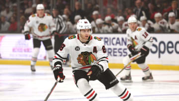 LOS ANGELES, CALIFORNIA - APRIL 21: Patrick Kane #88 of the Chicago Blackhawks forechecks during a 4-1 Los Angeles Kings win at Crypto.com Arena on April 21, 2022 in Los Angeles, California. (Photo by Harry How/Getty Images)
