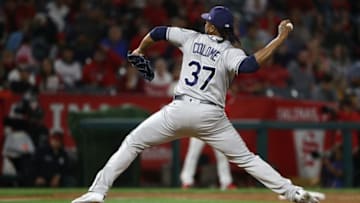 ANAHEIM, CA - MAY 19: Pitcher Alex Colome #37 of the Tampa Bay Rays pitches in the ninth inning of the MLB game against the Los Angeles Angels of Anaheim at Angel Stadium on May 19, 2018 in Anaheim, California. The Rays defeated the Angels 5-3. (Photo by Victor Decolongon/Getty Images)