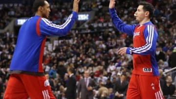 Jan 25, 2014; Toronto, Ontario, CAN; Los Angeles Clippers guard J.J. Redick (4) is introduced before the start of the game against the Toronto Raptors at Air Canada Centre. The Clippers beat the Raptors 126-118. Mandatory Credit: Tom Szczerbowski-USA TODAY Sports