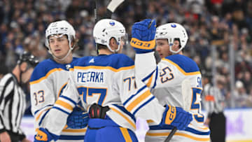 Nov 4, 2023; Toronto, Ontario, CAN; Buffalo Sabres forward Jeff Skinner (53) in congratulated by team mates after scoring a goal against the Toronto Maple Leafs in the second period at Scotiabank Arena. Mandatory Credit: Dan Hamilton-USA TODAY Sports
