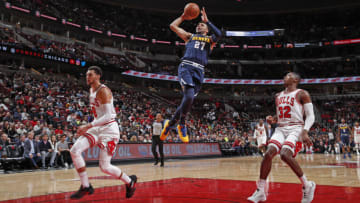CHICAGO, IL - OCTOBER 12: Jamal Murray #27 of the Denver Nuggets drives to the basket and shoots the ball against the Chicago Bulls during a pre-season game on October 12, 2018 at the United Center in Chicago, Illinois. NOTE TO USER: User expressly acknowledges and agrees that, by downloading and or using this Photograph, user is consenting to the terms and conditions of the Getty Images License Agreement. Mandatory Copyright Notice: Copyright 2018 NBAE (Photo by Jeff Haynes/NBAE via Getty Images)