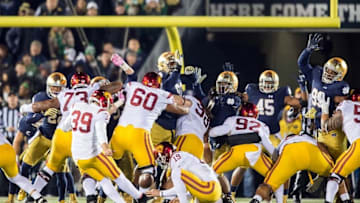 Oct 17, 2015; South Bend, IN, USA; USC Trojans kicker Alex Wood (39) attempts a field goal in the second quarter against the Notre Dame Fighting Irish at Notre Dame Stadium. The kick missed. Mandatory Credit: Matt Cashore-USA TODAY Sports