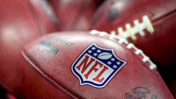 DETROIT, MICHIGAN - NOVEMBER 20: Wilson brand footballs with the NFL logo are pictured during the game between the Buffalo Bills and Cleveland Browns at Ford Field on November 20, 2022 in Detroit, Michigan. (Photo by Nic Antaya/Getty Images)