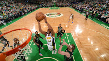 BOSTON, MA - APRIL 14: Myles Turner #33 of the Indiana Pacers goes up for a dunk against the Boston Celtics during Game One of Round One of the 2019 NBA Playoffs on April 14, 2019 at the TD Garden in Boston, Massachusetts. (Photo by Brian Babineau/NBAE via Getty Images)