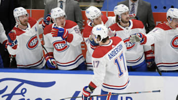 Jan 13, 2021; Toronto, Ontario, CAN; Montreal Canadiens right wing Josh Anderson (17) celebrates with teammates after a goal against the Toronto Maple Leafs at Scotiabank Arena. Mandatory Credit: Dan Hamilton-USA TODAY Sports