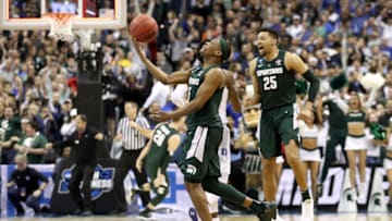 WASHINGTON, DC - MARCH 31: Cassius Winston #5 of the Michigan State Spartans celebrates after his teams 68-67 win over the Duke Blue Devils in the East Regional game of the 2019 NCAA Men's Basketball Tournament at Capital One Arena on March 31, 2019 in Washington, DC. (Photo by Patrick Smith/Getty Images)