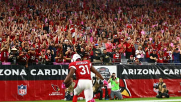 Oct 17, 2016; Glendale, AZ, USA; Arizona Cardinals running back David Johnson (31) celebrates as he scores a first quarter touchdown against the New York Giants at University of Phoenix Stadium. Mandatory Credit: Mark J. Rebilas-USA TODAY Sports