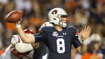 Jarrett Stidham completed 15-of-22 passes against Arkansas but not many throws were down field. (Photo by Michael Chang/Getty Images)