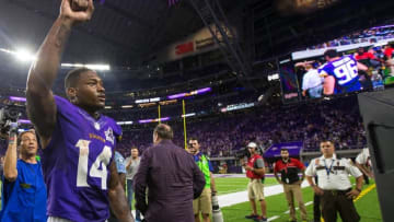 Sep 18, 2016; Minneapolis, MN, USA; Minnesota Vikings wide receiver Stefon Diggs (14) acknowledges the fans against the Green Bay Packers at U.S. Bank Stadium. The Vikings defeated the Packers 17-14. Mandatory Credit: Brace Hemmelgarn-USA TODAY Sports