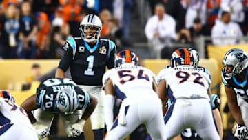 Feb 7, 2016; Santa Clara, CA, USA; Carolina Panthers quarterback Cam Newton (1) against the Denver Broncos during Super Bowl 50 at Levi