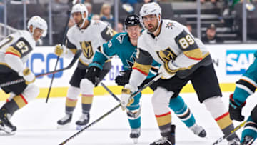 SAN JOSE, CA - SEPTEMBER 21: Vegas Golden Knights right wing Alex Tuch (89) looks for a pass during the San Jose Sharks game versus the Vegas Golden Knights on September 21, 2019, at SAP Center at San Jose in San Jose, CA." (Photo by Matt Cohen/Icon Sportswire via Getty Images)