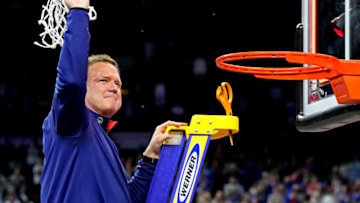 Apr 4, 2022; New Orleans, LA, USA; Kansas Jayhawks head coach Bill Self celebrates after beating the North Carolina Tar Heels during the 2022 NCAA men's basketball tournament Final Four championship game at Caesars Superdome. Mandatory Credit: Robert Deutsch-USA TODAY Sports