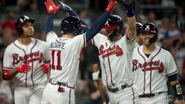ATLANTA, GA - June 01: Dansby Swanson #7 of the Atlanta Braves celebrates his home run with his teammates against the Washington Nationals at SunTrust Park on June 1, 2018, in Atlanta, Georgia.The Braves won 4-0. (Photo by Carl Fonticella/Beam Imagination/Atlanta Braves/Getty Images)