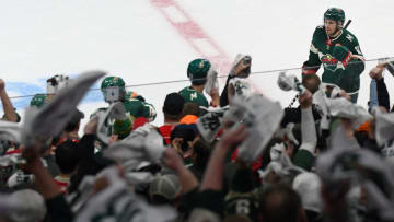 ST. PAUL, MN - APRIL 15: Minnesota Wild Left Wing Zach Parise (11) celebrates his 1st period goal during game 3 of a round one Stanley Cup Playoff matchup between the Minnesota Wild and Winnipeg Jets on April 15, 2018 at Xcel Energy Center in St. Paul, MN. The Wild defeated the Jets 6-2. (Photo by Nick Wosika/Icon Sportswire via Getty Images)