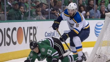 May 7, 2016; Dallas, TX, USA; Dallas Stars right wing Ales Hemsky (83) is tripped up by St. Louis Blues defenseman Joel Edmundson (6) during the second period in game five of the second round of the 2016 Stanley Cup Playoffs at American Airlines Center. Mandatory Credit: Jerome Miron-USA TODAY Sports