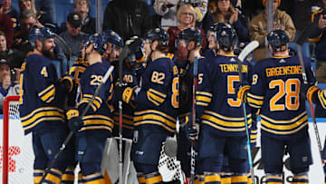 BUFFALO, NY - DECEMBER 13: The Buffalo Sabres celebrate a win after an NHL game against the Arizona Coyotes on December 13, 2018 at KeyBank Center in Buffalo, New York. Buffalo won, 3-1. (Photo by Bill Wippert/NHLI via Getty Images)