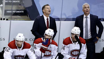 TORONTO, ONTARIO - AUGUST 14: Associate Coach Kirk Muller (top left) of the Montreal Canadiens reacts against the Philadelphia Flyers during the third period in Game Two of the Eastern Conference First Round during the 2020 NHL Stanley Cup Playoffs at Scotiabank Arena on August 14, 2020 in Toronto, Ontario, Canada. Muller will fill in as Interim Head Coach for Claude Julien. (Photo by Elsa/Getty Images)