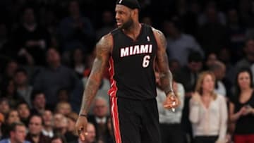 Jan 9, 2014; New York, NY, USA; Miami Heat small forward LeBron James (6) reacts after not getting a foul call that he wanted against the New York Knicks during the fourth quarter of a game at Madison Square Garden. Mandatory Credit: Brad Penner-USA TODAY Sports