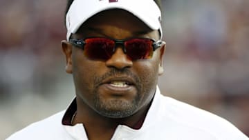 Oct 3, 2015; College Station, TX, USA; Texas A&M Aggies head coach Kevin Sumlin watches warm ups prior to a game against the Mississippi State Bulldogs at Kyle Field. Mandatory Credit: Soobum Im-USA TODAY Sports