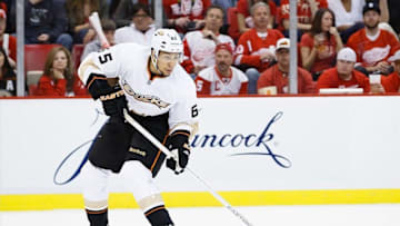 May 4, 2013; Detroit, MI, USA; Anaheim Ducks right wing Emerson Etem (65) skates with the puck against the Detroit Red Wings in game three of the first round of the 2013 Stanley Cup playoffs at Joe Louis Arena. Mandatory Credit: Rick Osentoski-USA TODAY Sports