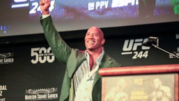 Dwayne "The Rock" Johnson announces his new movie, an MMA biopic ahead of the UFC 244 ceremonial weigh-ins on Friday in New York City, NY (photo by Amy Kaplan/FanSided)
