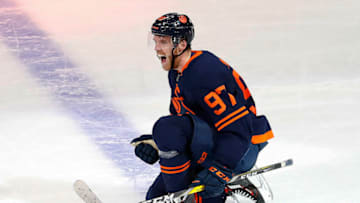 May 14, 2022; Edmonton, Alberta, CAN; Edmonton Oilers forward Connor McDavid (97) celebrates after scoring against the Los Angeles Kings during the third period in game seven of the first round of the 2022 Stanley Cup Playoffs at Rogers Place. Mandatory Credit: Perry Nelson-USA TODAY Sports
