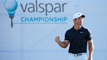 PALM HARBOR, FLORIDA - MARCH 24: Paul Casey of England celebrates on the 18th green after winning the Valspar Championship on the Copperhead course at Innisbrook Golf Resort on March 24, 2019 in Palm Harbor, Florida. (Photo by Cliff Hawkins/Getty Images)