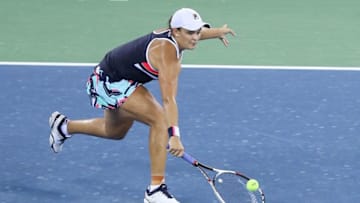 WUHAN, CHINA - SEPTEMBER 30: Ashleigh Barty plays a backhand during the ladies singles final between Ashleigh Barty of Australia and Caroline Garcia of France during Day 7of 2017 Dongfeng Motor Wuhan Open at Optics Valley International Tennis Center on September 30, 2017 in Wuhan, China. (Photo by Yifan Ding/Getty Images)